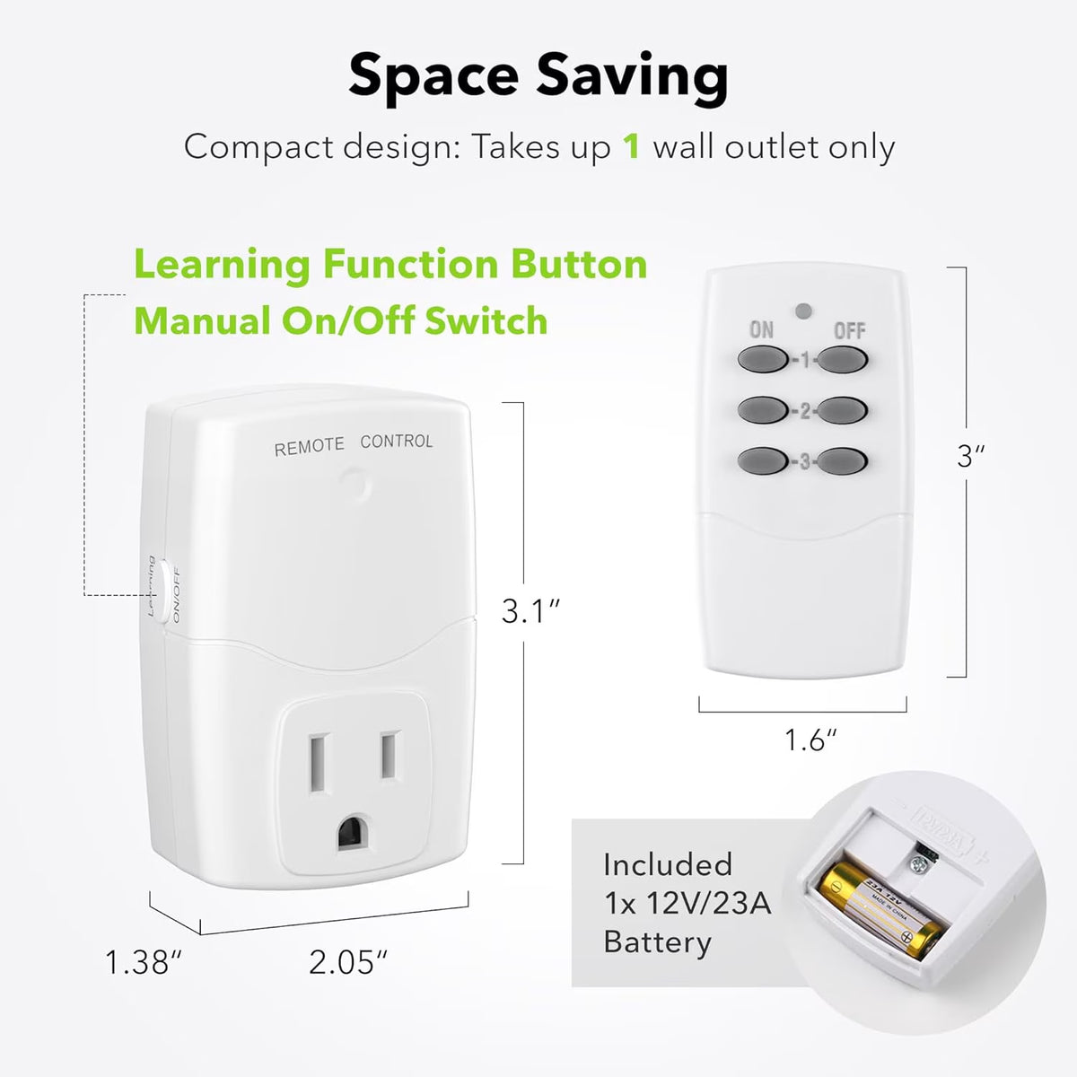 Mini Wireless Remote Control Outlet Switch Power Plug in for Household Appliances, Wireless Remote Light Switch, LED Light Bulbs, White (1 Remote + 3 Outlet) 1250W/10A